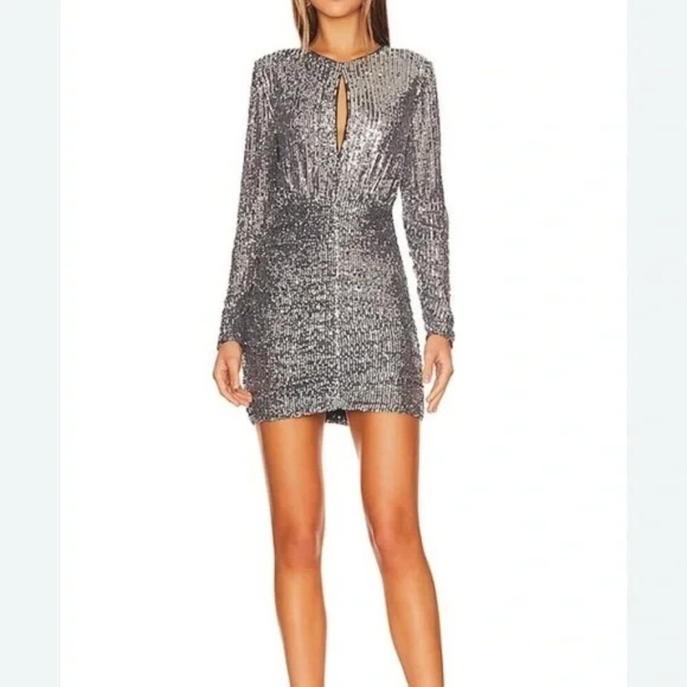Bardot Women's Dress 8 Large Silver Valentina Long Sleeve Sequin Party NEW